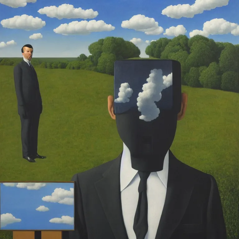 Image similar to portrait of a faceless reflective chrome - head man in a suit and black gloves, clouds and nature landscape in the background, by rene magritte, detailed painting, distance, centered, hd, hq, high resolution, high detail, 4 k, 8 k