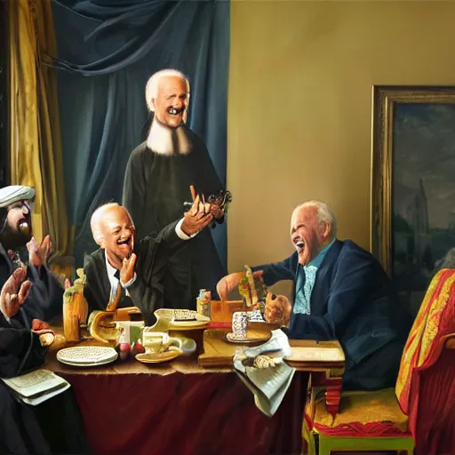 Image similar to a painting of joe biden laugh in tea party with taliban, ultra detailed face, body and gesture, justify content center, hyper realistic content, frontal hyperdetailed realistic content, sharp focus, intricate, dynamic composition, 2 colors, baroque, delete duplicate content