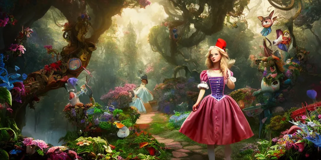 Prompt: a insanely intricate beautifull oil painting of alice in wonderland, unreal engine, 8 k resolution, soft dramatic lighting, cinematic, insanely intricate, subsurface scattering, anti aliashing, pixar