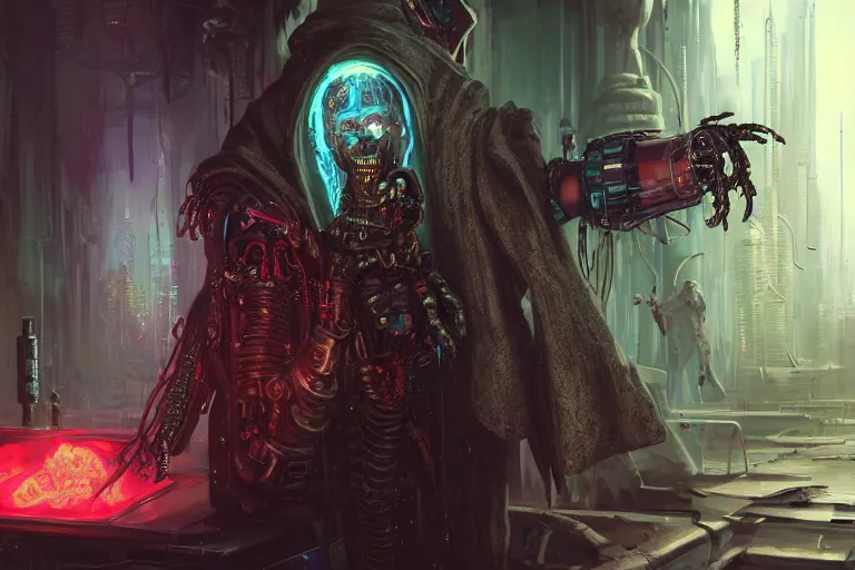 Image similar to ultra realistic illustration, a futuristic cyberpunk damaged necromancer cyborg wearing a cloak working on creating magical potions in an underground lair, hot potions in vials in background, rotting creatures on the shelf, cyberpunk, sci - fi, fantasy, intricate, elegant, highly detailed, digital painting, artstation, concept art, sharp focus, art wadim kashin