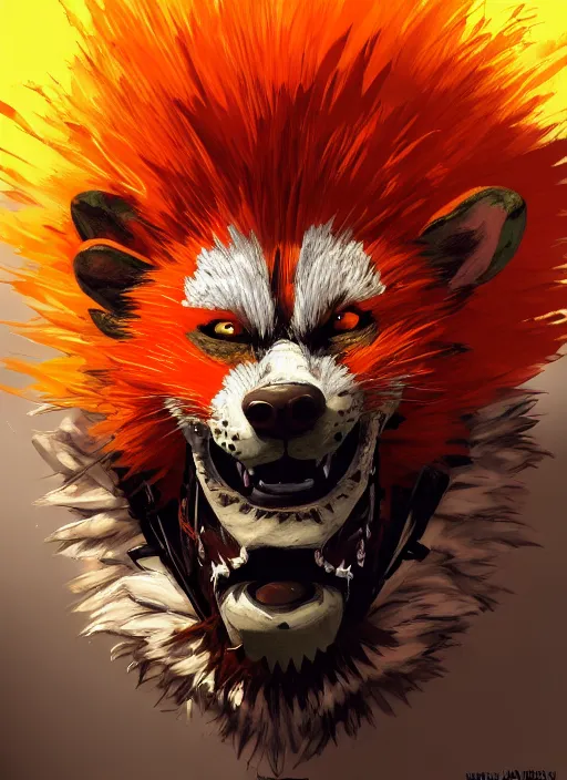 Prompt: Portrait of a slim gnoll in light armour with orange and white fur, emanating menacing aura, vibrant colours, chosen by the god, ornate. In style of Yoji Shinkawa and Hyung-tae Kim, trending on ArtStation, dark fantasy, great composition, concept art, highly detailed, dynamic pose.