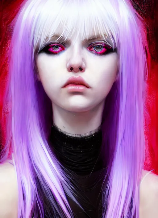 Image similar to hair whitebangs hair, black cyberlox, portrait of normal teenage girl, white bangs, messy bangs, fluffy bangs, cyberlox, whitebangs, red irises, purple background, intricate, elegant, highly detailed, digital painting, artstation, concept art, sharp focus, smooth, illustration, art by wlop, mars ravelo and greg rutkowski