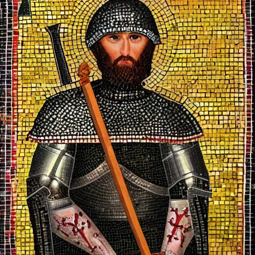Prompt: realistic portrait of a lebanese crusader knight in a byzantine mosaic, robbes with crosses, perfect face, perfect eyes, very detailed, very realistic, elegant, top art, renowed artwork