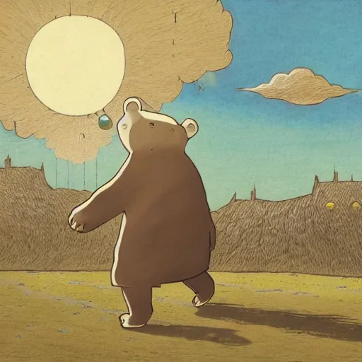 Prompt: the dropout bear walking towards the horizon, by john kenn mortensen, by takashi murakami, illustration, colored pencil, fountain pen, digital art, comic book, color grading, vintage, field of view, warm color palette, rainbow, spectral color, rays of shimmering light, volumetric light, cotton, clouds, mist