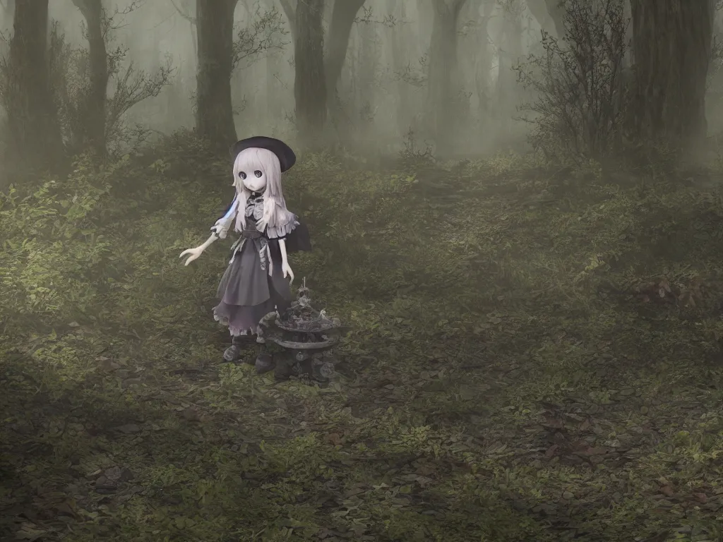 Image similar to cute gothic fumo plush witch girl ventures deep into the forbidden forest, ancient overgrown pagan monument summoning circle, volumetric fog and smoke, the bog of dark abyss, vray