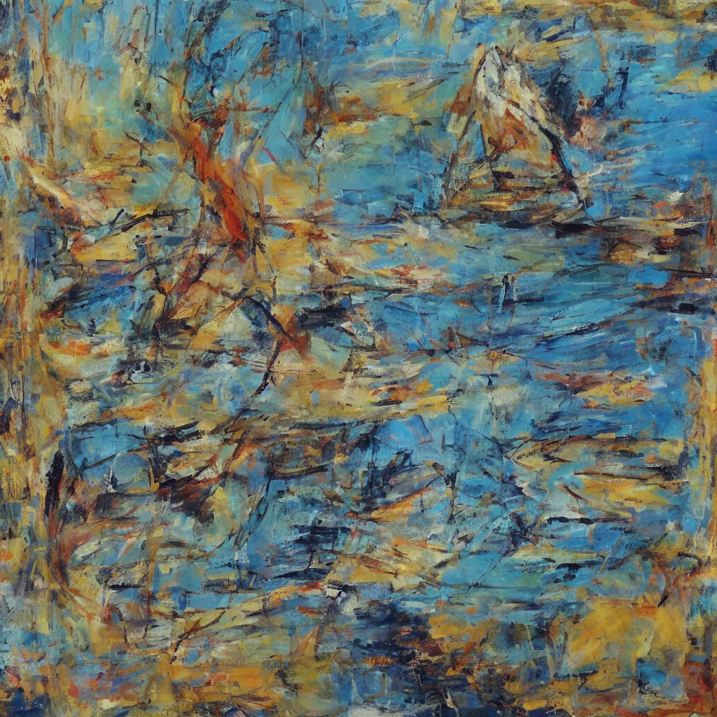 Image similar to a painting of a sailboat floating on a body of water, an abstract painting by ted degrazia, reddit contest winner, lyrical abstraction, mixed media, acrylic art, gold leaf, oil on canvas