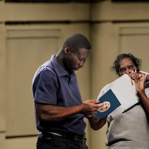 Prompt: City Worker playing Othello while crying, award-winning photograph