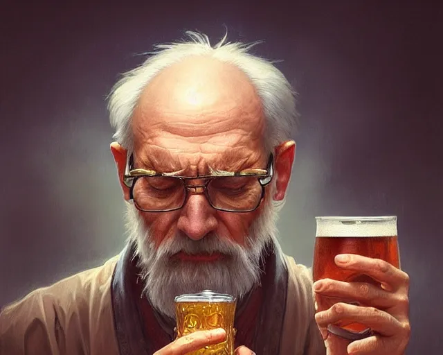 Image similar to detailed vision of an old man frowning as he drinks a beer, deep focus, d & d, fantasy, intricate, elegant, highly detailed, digital painting, artstation, concept art, matte, sharp focus, illustration, hearthstone, art by artgerm and greg rutkowski and alphonse mucha