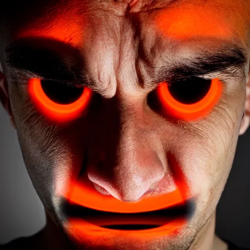 Prompt: a face of a very angry man with orange glowing eyes