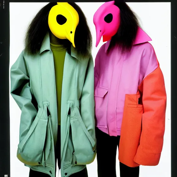 Prompt: two models in plastic bird masks wearing baggy colorful 9 0 s jackets by rick owens. magazine ad. pastel brutalist background.