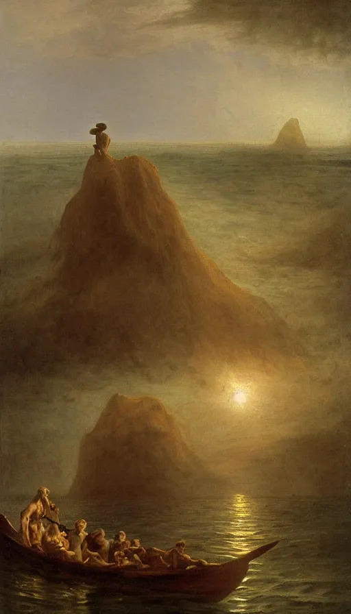 Prompt: man on boat crossing a body of water in hell with creatures in the water, sea of souls, by albert bierstadt,