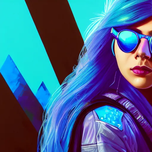 Image similar to closeup painting of a very beautiful young mexican cyberpunk woman with a smirk, wearing light blue shutter shades and a purple coloured leather jacket, one side haircut, long brown hair with light blue ends, portrait, hyperdetailed, artstation, cgsociety, 8 k, synthwave by tangerine dream