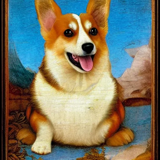 Image similar to corgi dog in cosmos painting, leonardo da vinci style