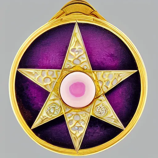 Prompt: a photo of the lid of a circular, pink transparent enamel guilloché vintage powder compact with an inlaid gold pentagram that has a different colored gem stone at each point and a large, round cabochon in the middle encircled by a gold crescent moon inlay. 5-pointed star. House of Fabergé.