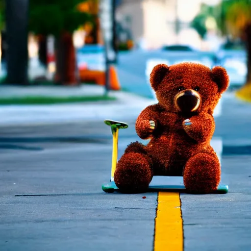 Image similar to Award winning 35mm color photography, of a teddy bear on a skateboard, doing a kick flip off the sidewalk, in downtown Tampa Fl, detailed, balanced composition