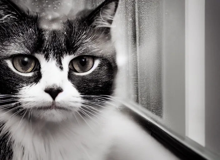 Image similar to photography of a Cat . watching outside the window while it rains. on a bed. in a room full of vinyls and posters, photorealistic, raining award winning photo, 100mm, sharp, high res