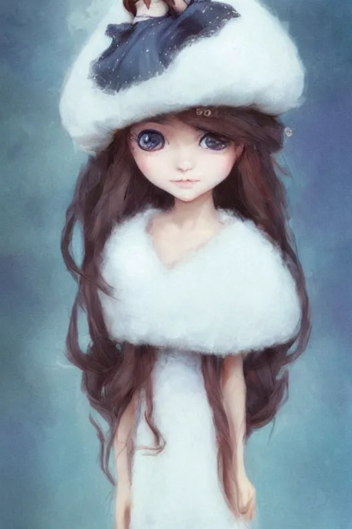 Prompt: cute doll girl big eyed with white dress and fuzzy hat by greg rutkowski and artgerm