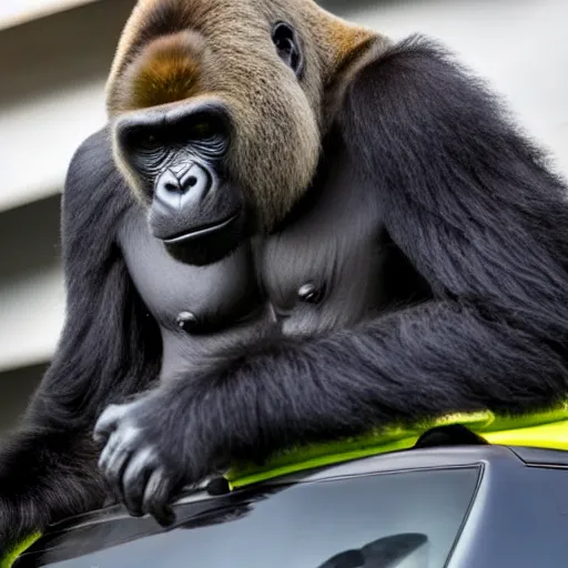 Image similar to photo of a gorilla sitting on the roof of a fiat panda