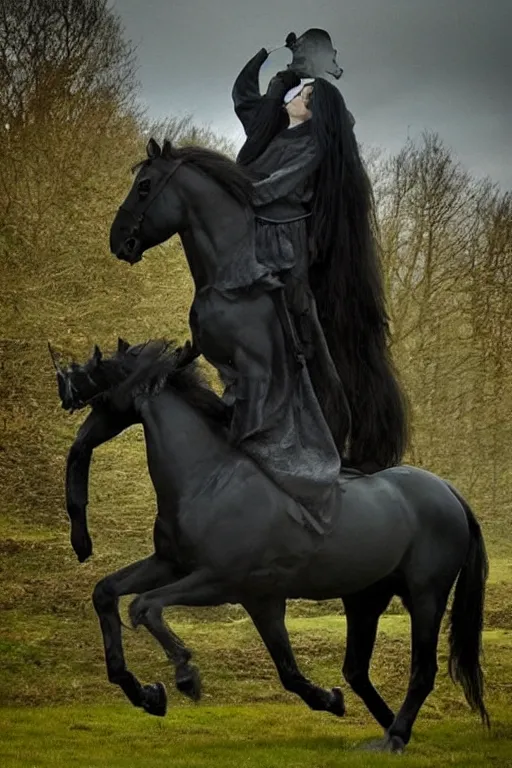 Image similar to irish mythical creature is a headless horseman that is known as a foreteller of death. rising a headless black horse, the dullahan carries his own head under one arm