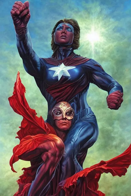 Prompt: a superhero called the flare. art by tomasz alen kopera and glenn fabry and alex ross.