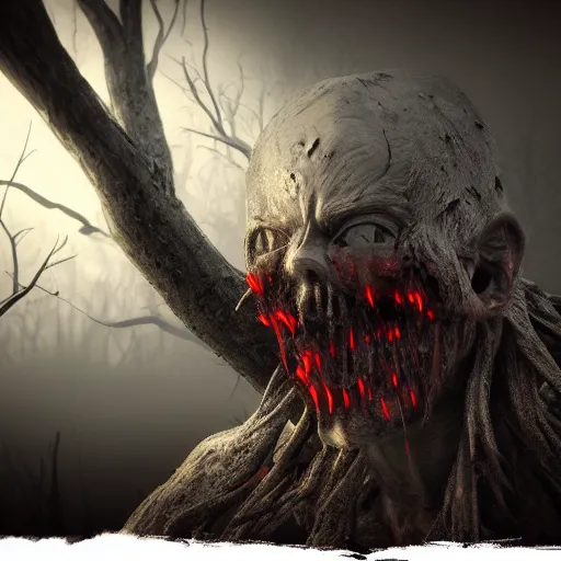 Image similar to A realistic detailed photo of a creepy shadow, red eyes, dead trees, detailed body, teeth filled with cavities, foggy landscape, creepy, light particles, detailed light, realistic shaders, trending on artisation, detailed textures, detailed, realistic.