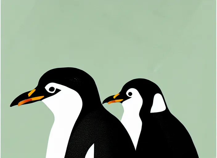 Prompt: portrait of a penguin doing penguin things,Karolis Strautniekas, editorial illustration, detailed, art deco, Mads Berg, matte print
