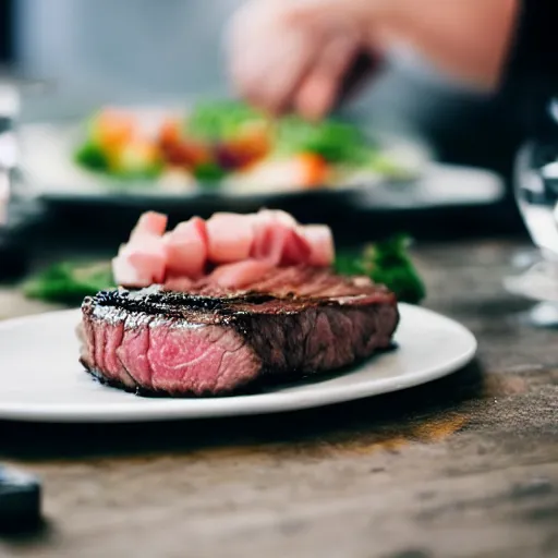 Image similar to photo of pig eating steak, 5 0 mm, beautiful photo