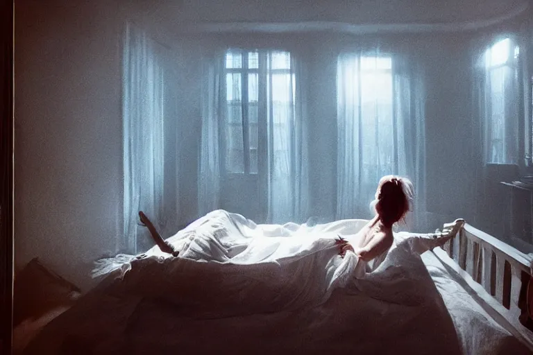 Image similar to vfx movie scene sleep paralysis night, a monster outside the extravagant bedroom window, natural lighting by emmanuel lubezki