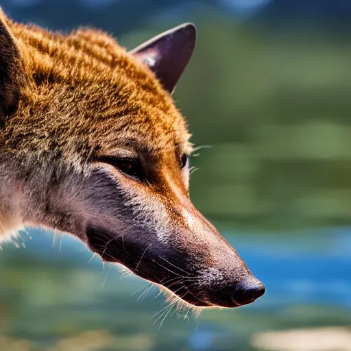 Image similar to close up photo of a rare thylacine, drinking water from a lake in tasmania, bokeh, 1 0 0 mm lens, 4 k. 8 k hd. award winning nature photography. cover of national geographic