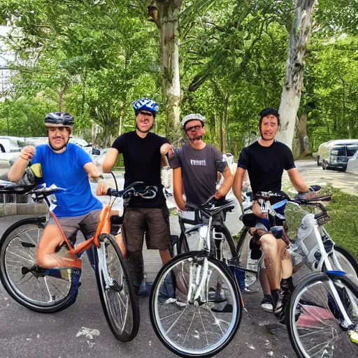 Prompt: bicycle crew drinking beer