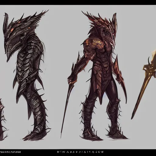 Image similar to concept art, chatacter sheet, dragon-shaped human, full color, warrior, spear, white and black clothes, trending on artstation