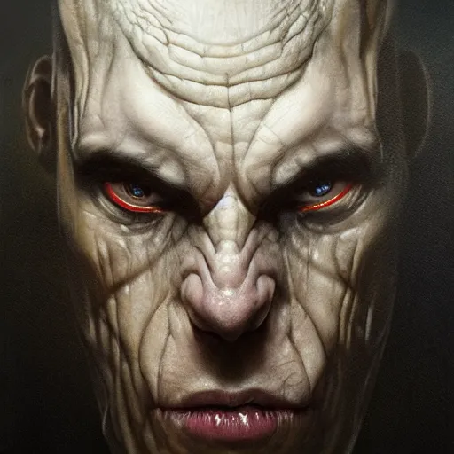 Prompt: Face of a pale alien cultist, intimidating man, large black fish eyes, high forehead, smooth waxy skin, slick clammy skin, ominous, eldritch. oil painting by nuri iyem, james gurney, james jean, greg rutkowski, highly detailed, soft lighting, chiaroscuro