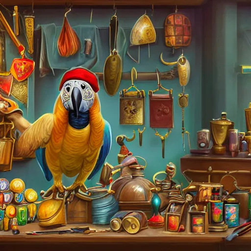 Image similar to Anthropomorphized parrot trader in his shop, selling his wares, portrait, items, gold, magic potions, carpet, window, funny hat, sly expression , cunning expression, cute expression, long thick shiny gold beak, presenting wares, holding a gold bag, D&D, fantasy, cinematic lighting, highly detailed, digital painting, artstation, concept art, smooth, sharp focus, illustration, warm light, cozy warm tint, magic the gathering artwork, volumetric lighting, 8k, art by Akihiko Yoshida, Greg Rutkowski
