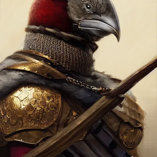 Image similar to a detailed portrait of a avian general in medieval armour holding a rapier, bird themed, by justin gerard and greg rutkowski, digital art, realistic painting, dnd, character design, donato giancola and greg rutkowski, realistic face, digital art, trending on artstation