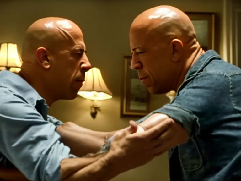 Prompt: a scene from a deeply emotional movie about a fragile masculinity that has troubles adjusting to modern values. a warm romantic movie starring mikael persbrandt and vin diesel as an elderly couple and their struggle with healthy masculinity by director quentin tarantino, blue - ray screenshot, filmed by roger deakins