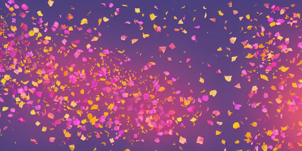 Prompt: background art of spaciously scattered flower petals flowing and floating through the blowing wind from left to right on a simple sunset background, large individual rose petals, angular background elements, polygonal fragments, anime, artgerm, manga, trending on artstation, art nouveau, mature color scheme