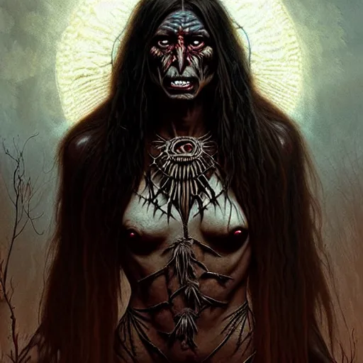 Prompt: evil native american skinwalker transformation, horror demon, heroic lighting, dark fantasy, intricate, elegant, highly detailed, lifelike, photorealistic, digital painting, artstation, illustration, concept art, smooth, sharp focus, art by John Collier and Albert Aublet and Krenz Cushart and Artem Demura and Alphonse Mucha