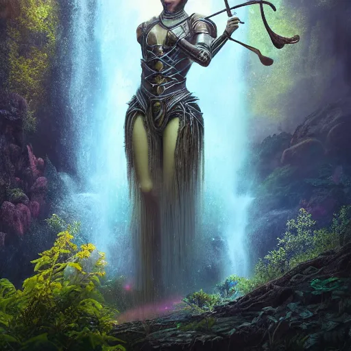 Image similar to tom bagshaw, beautiful amazon full armor, mythical cosmic shrine, soft painting render curiosities carnival pond river vegetation rocks bugs wildlife mushrooms covered moss bioluminescent wisps, beautiful stunning waterfall, accurate features, focus, very intricate ultrafine details, random volumetric lighting, fog, award winning masterpiece, octane render 8 k hd, artstation