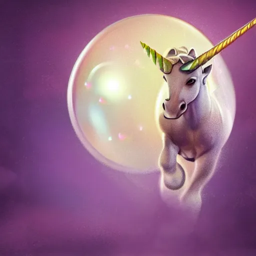 Image similar to A unicorn in the shape of a bubble floating in the air, mystical fantasy, concept art