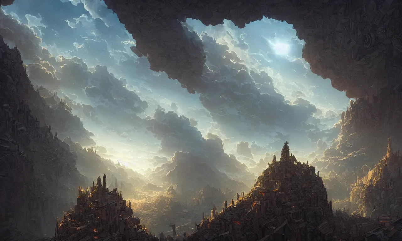 Image similar to dramatic matte painting by dan mumford and jordan grimmer and hubert robert of looking down at earth at the end is a man made of light