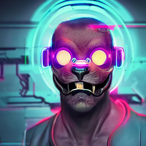 Prompt: portrait of a neon cyberpunk cyborg jaguar animal snarling, octane render