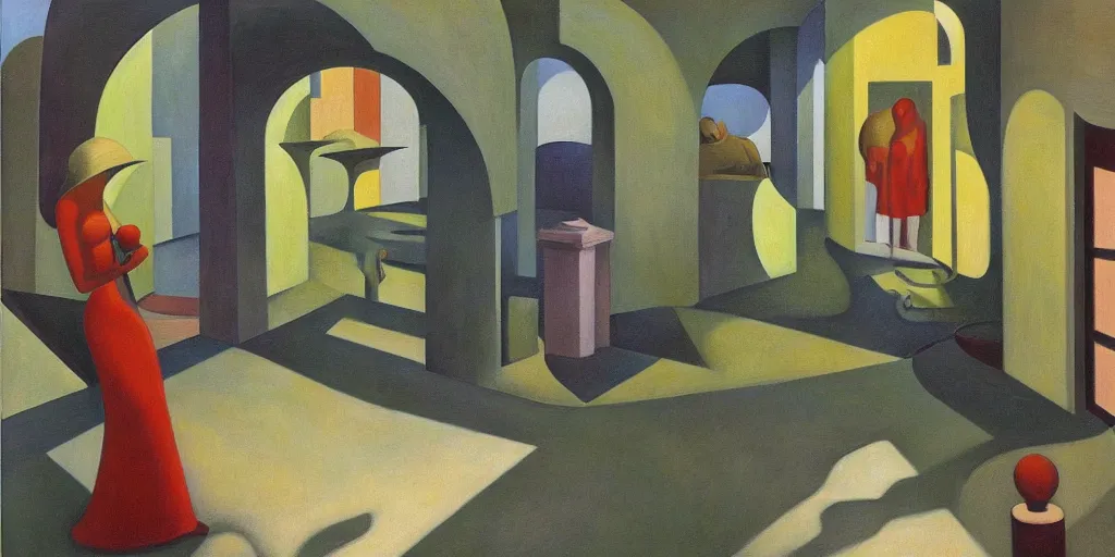 Image similar to biomorphic architecture, fantastical courtyard, grant wood, pj crook, edward hopper, oil on canvas