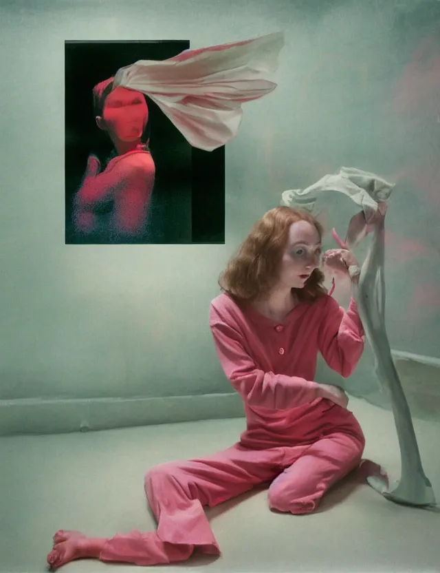 Image similar to woman in pajama playing computer games in dark room, redshift, wide shot, coloured polaroid photograph with flash, pastel, kodak film, hyper real, stunning moody cinematography, by maripol, fallen angels by wong kar - wai, style of suspiria and neon demon and bahnhof zoo, david hockney, detailed, oil on canvas