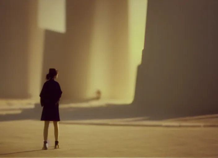 Image similar to photograph of young woman standing in front of radiating monolith in suburban living room, crisp focus, highly detailed, in roger deakins style, 3 5 mm ektachrome