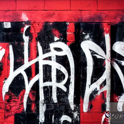 Prompt: 3 5 mm photograph of red calligraffiti type on a black wall