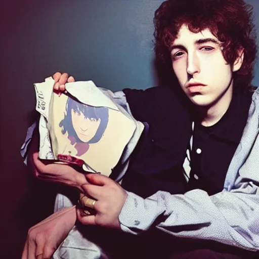 Image similar to young bob dylan with an anime waifu pillow.