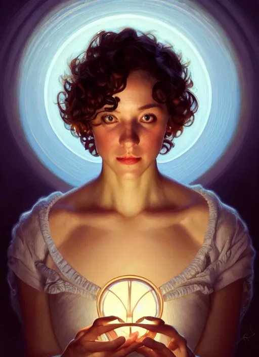 Image similar to symmetry!! portrait of a woman with short curly hair, round face, cottagecore!!, cyan glowing lights!! intricate, elegant, highly detailed, digital painting, artstation, concept art, smooth, sharp focus, illustration, art by artgerm and greg rutkowski and alphonse mucha