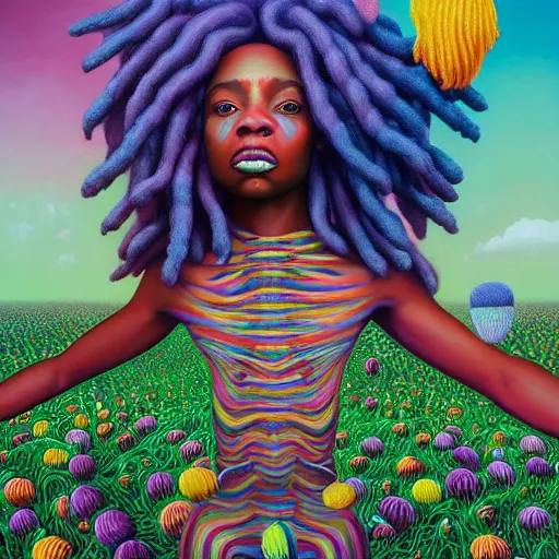 Image similar to a wide angle shot of a black girl with colorful dreadlocks in a field of candy, by Adi granov and afarin sajedi and amanda sage and evgeni gordiets and Agostino Arrivabene and adonna khare in a psychedelic portrait style, ultrarealistic matte painting, volumetric lighting, fractal, extremely symmetrical, highly detailed face, orisha, 8k, hd