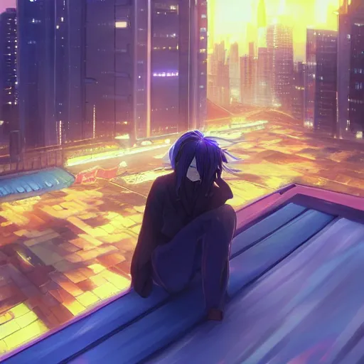 Dark anime male, on building rooftop, detailed backg