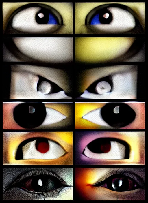 Image similar to grid montage of cube shaped eyes, square shaped black dilated pupils, cube shaped irises, detailed colored textures, eyelashes, advanced art, art styles mix, from wikipedia, wet reflections in square eyes, sunshine light, hd macro photograph, from side, various eyelid positions, square black pupil centered